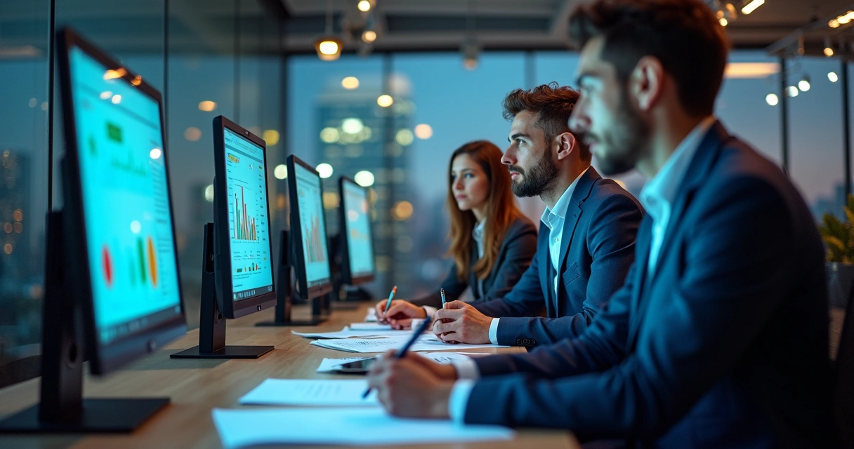 Equipe de consultores patrulhando telas de computador exibindo gráficos tributários 