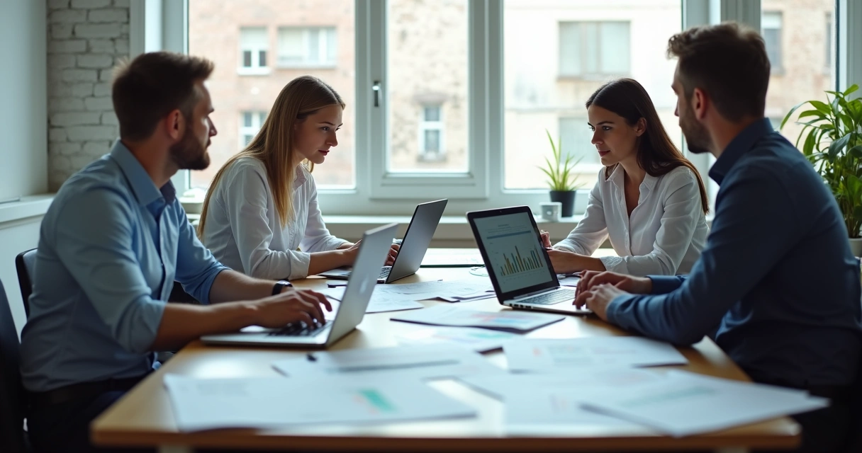 Reunião de consultores tributários analisando documentações de clínicas 