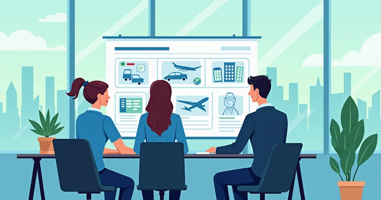 Consultores em viagens corporativas discutindo planejamento com equipe empresarial em escritório moderno 