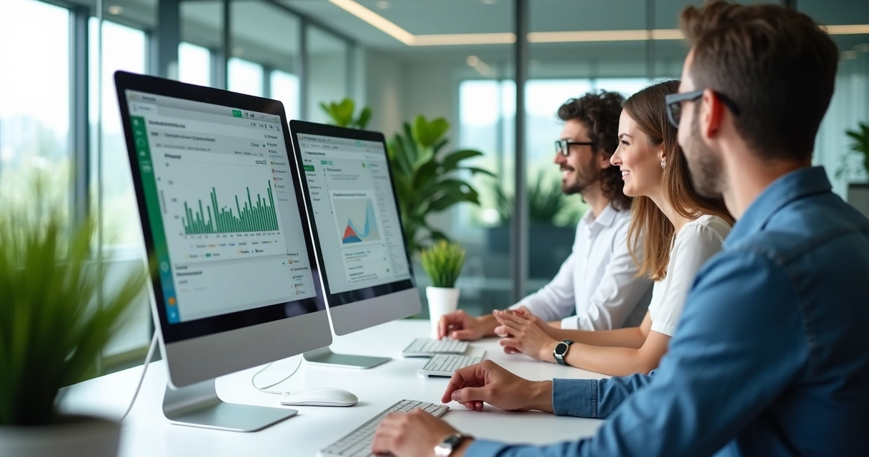 Consultores usando computador com WhatsApp focados em vendas com painéis visuais