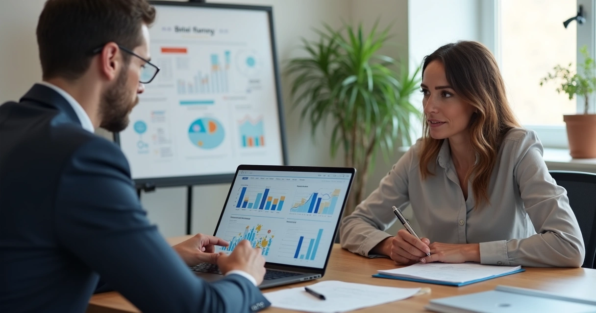 Profissional em reunião consultiva com dono de agência de marketing digital, analisando gráficos e estratégias em tela de computador 