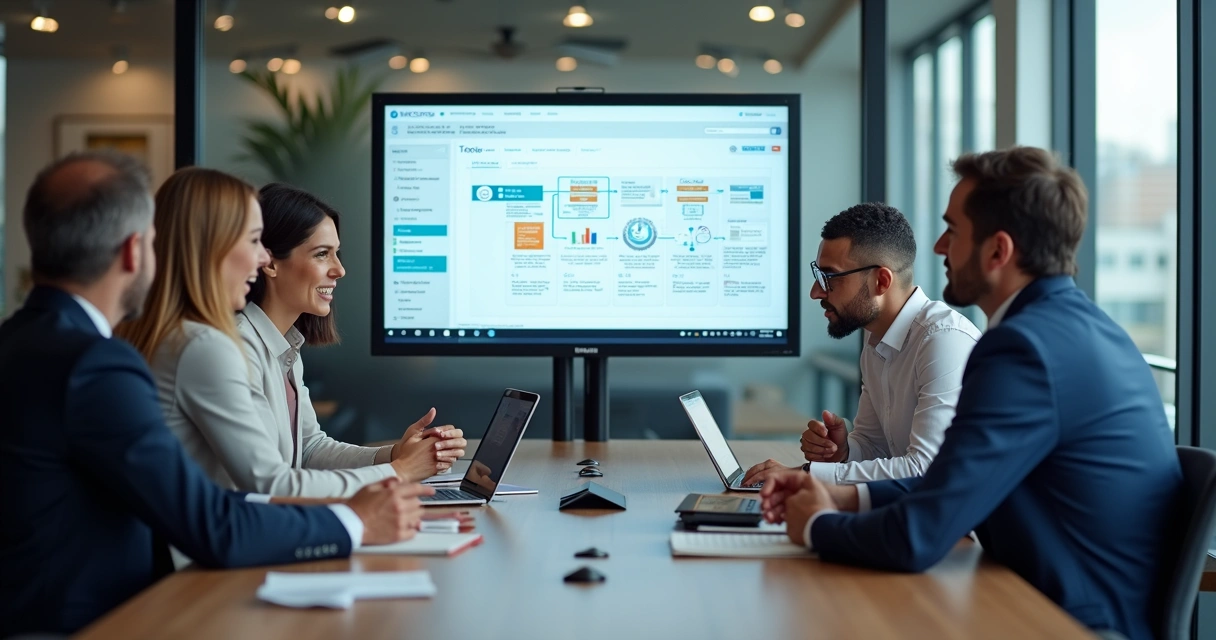 Consultor de IA reunido com gestores em frente à tela do Dynamics 365 e fluxos de automação 