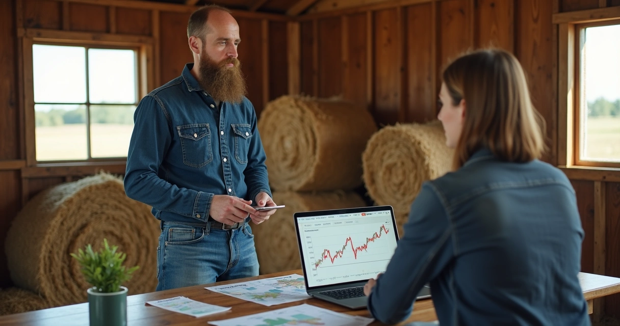 Consultor agroanalista mostrando gráficos de commodities para produtor rural 