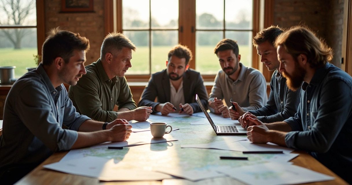 Consultores agrícolas analisando mapas e dados em reunião 