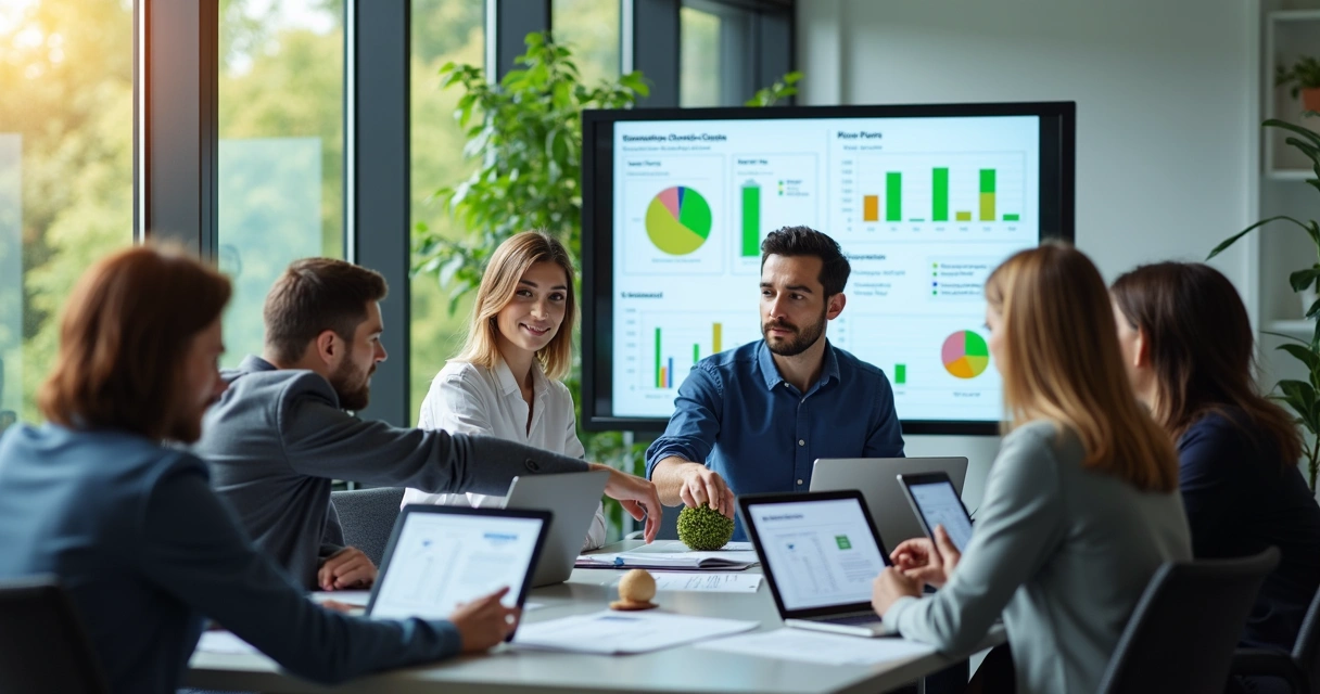 Equipe de consultoria ambiental reunida em frente a computadores discutindo dados 