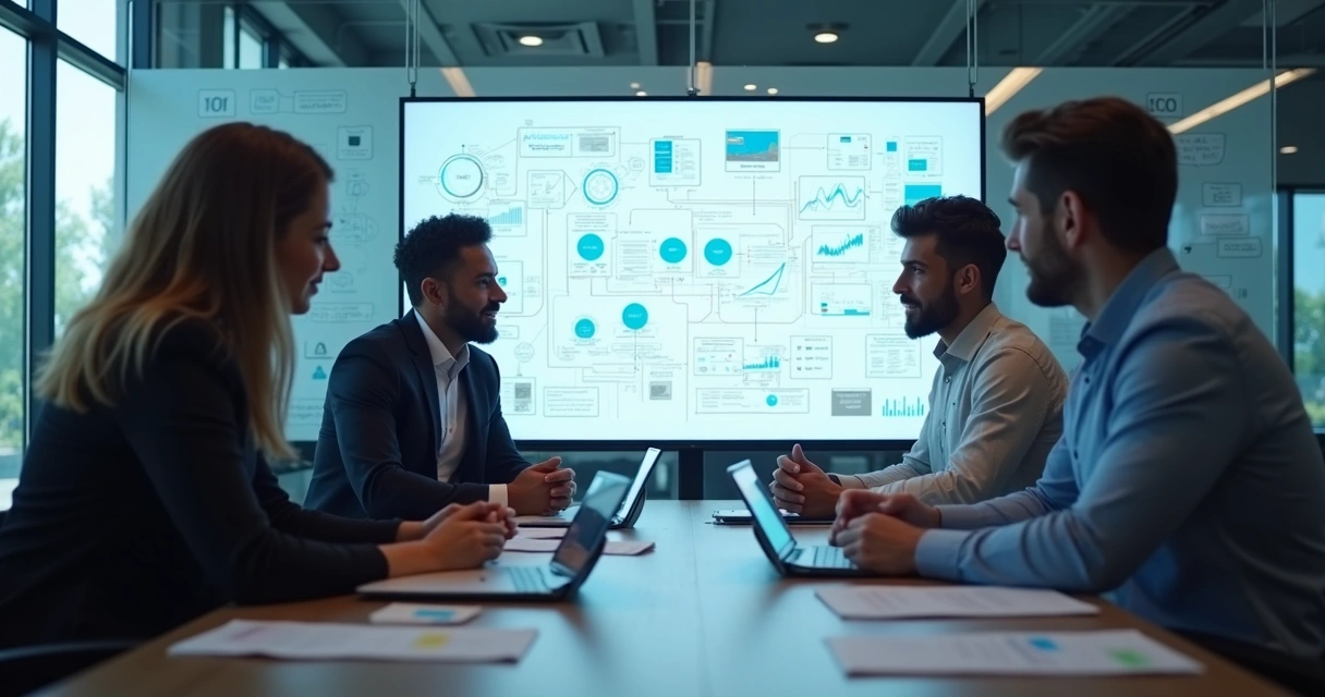 Especialistas analisando processos operacionais com softwares e gráficos em tela 