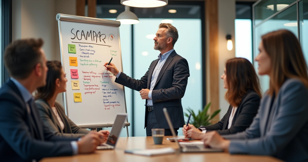 Lucas aplicando SCAMPER em consultoria, quadro branco com palavras-chave, equipe interagindo 