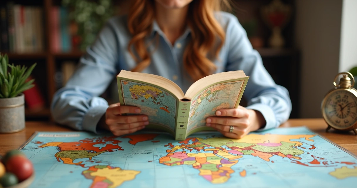 Pessoa consultando mapa astral com cartografias e guia de viagem 