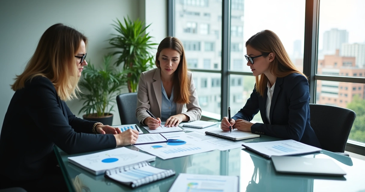 Reunião de equipe analisando documentos em mesa de escritório 