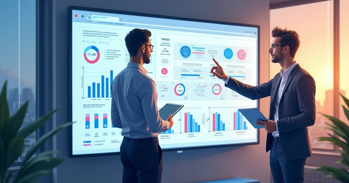 Consultor explicando automação para empresário digital com tela digital 