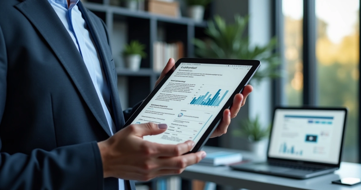 Consultor segurando tablet com conteúdo de blog e gráficos de tráfego digital 