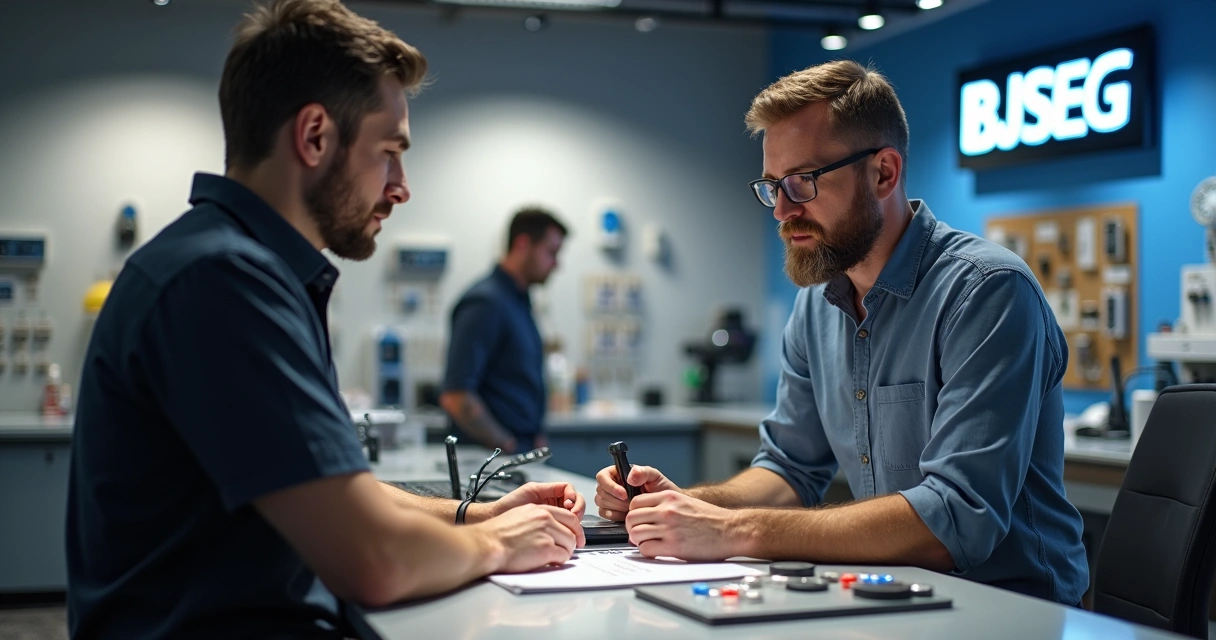 Consultoria de especialista atendendo instalador em balcão de loja BJSEG