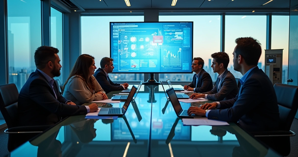 Reunião de equipe analisando sistemas digitais em uma grande mesa moderna, com tela mostrando fluxos e templates Notion 