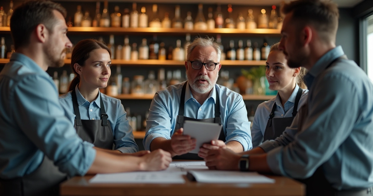 Consultor analisando planilhas e ambiente de bar com equipe 