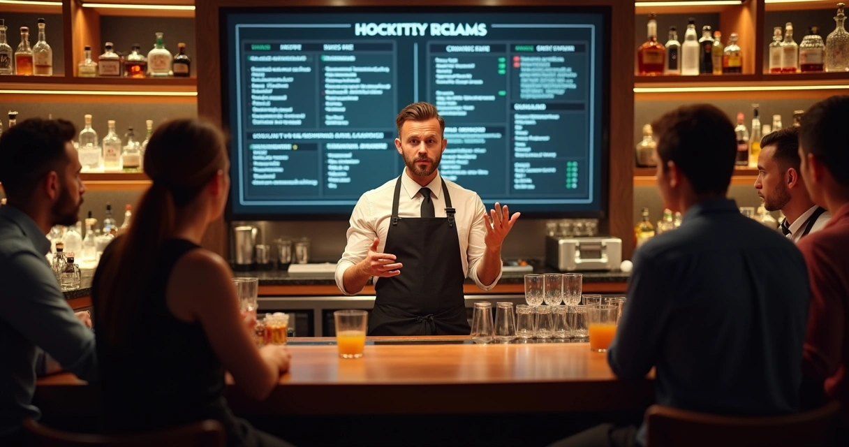 Bartender orientando equipe em consultoria de bar 