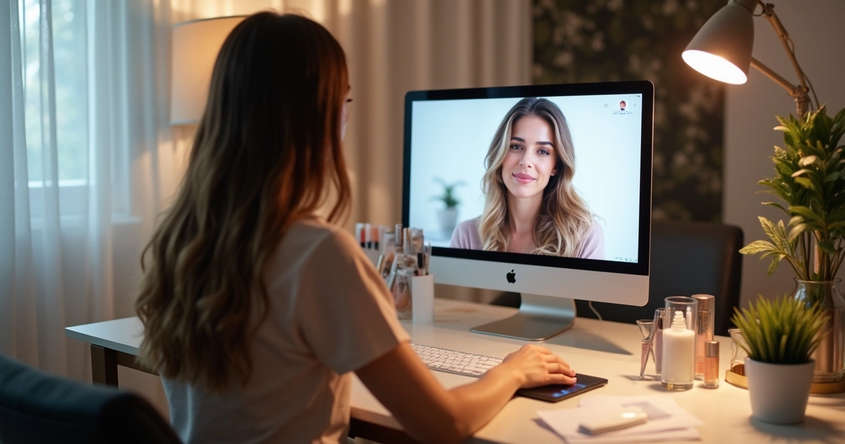 Consultoria online de beleza em videoconferência, ambiente moderno 