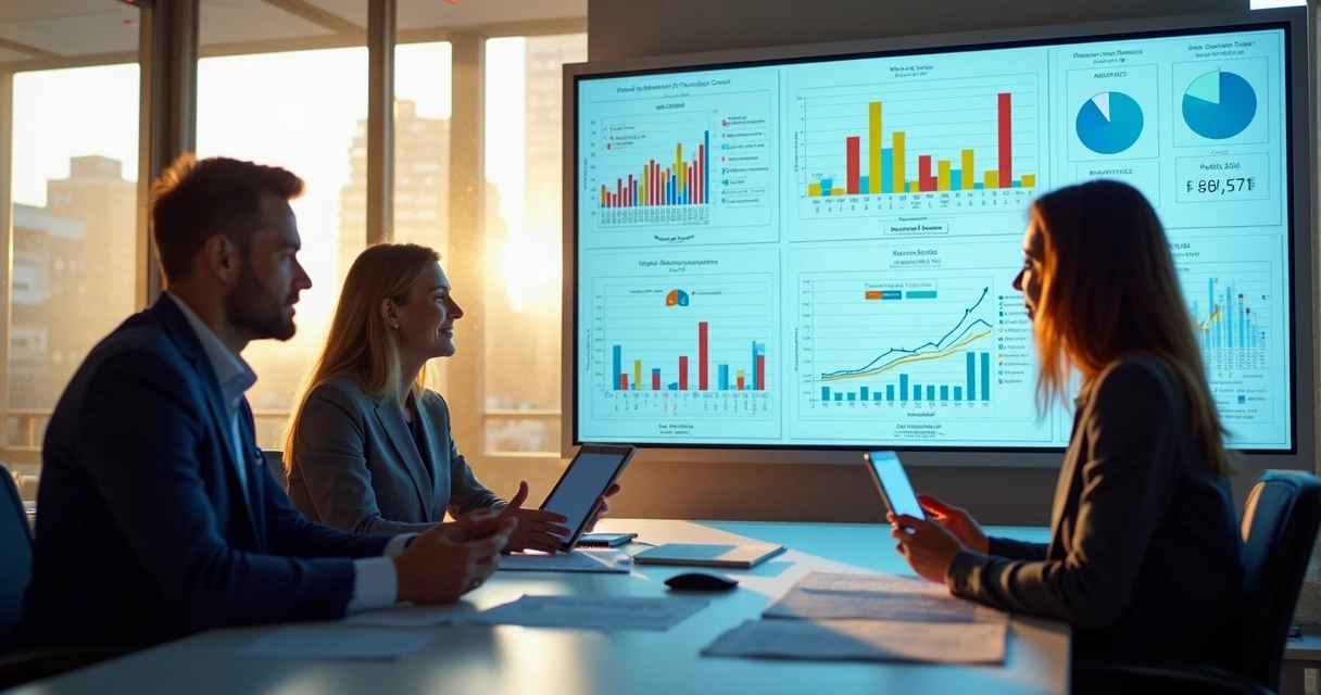 Profissionais analisando painéis de BI com gráficos de desempenho empresarial 