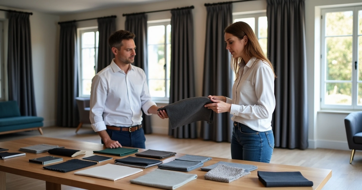 Consultora mostrando tecidos blackout para cliente 