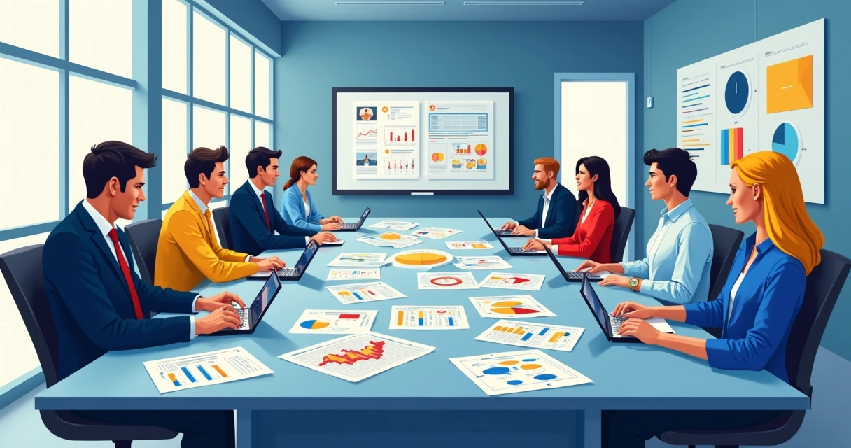 Equipe de profissionais discutindo estratégias de campanha com gráficos e mapas em uma mesa de reunião 
