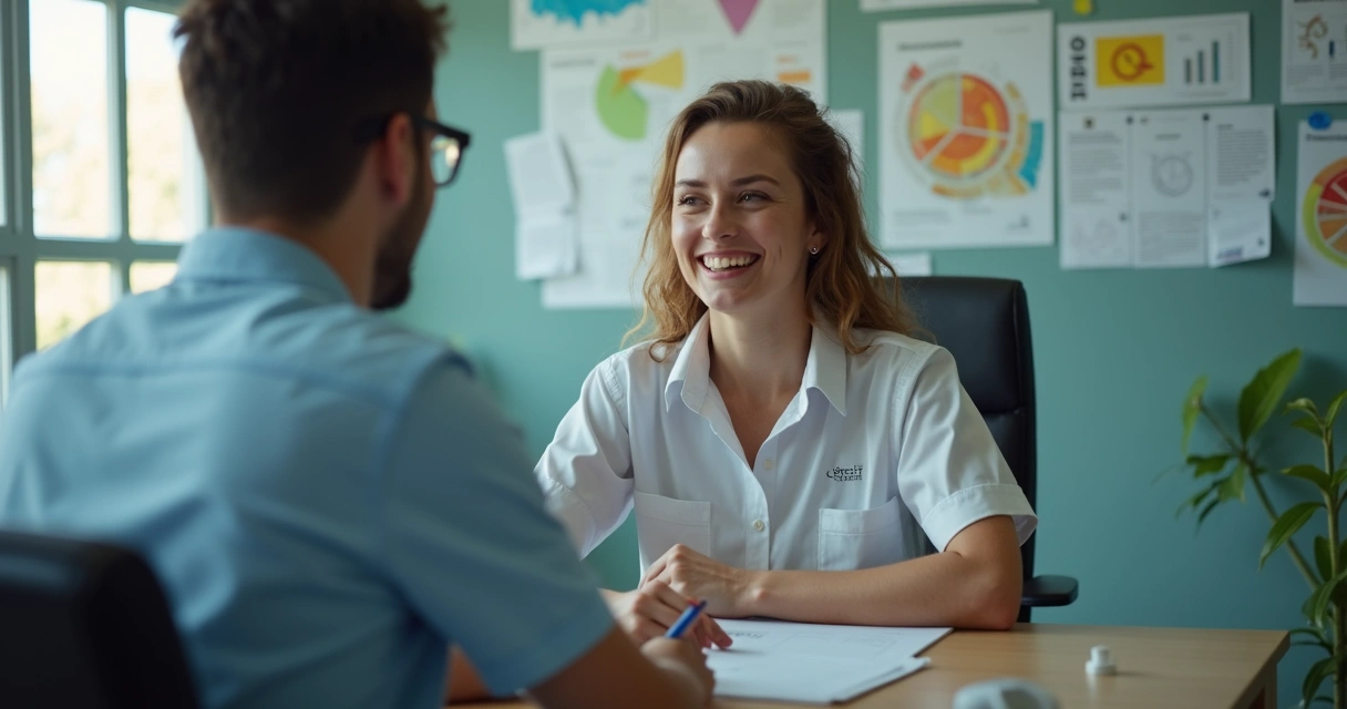 Profissional do CEREST orientando trabalhador em sala de atendimento confidencial. 