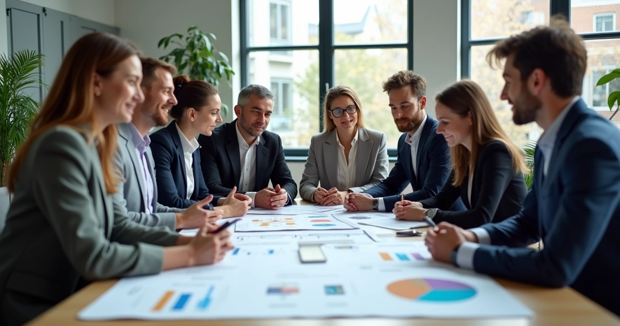 Equipe reunida em mesa discutindo plano de ação para chatbot com gráficos e anotações 