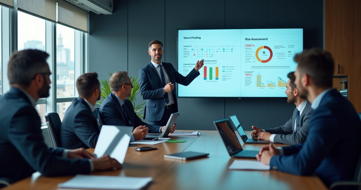 Consultores em cibersegurança apresentando gráficos e relatórios para gestores em sala de reunião corporativa 