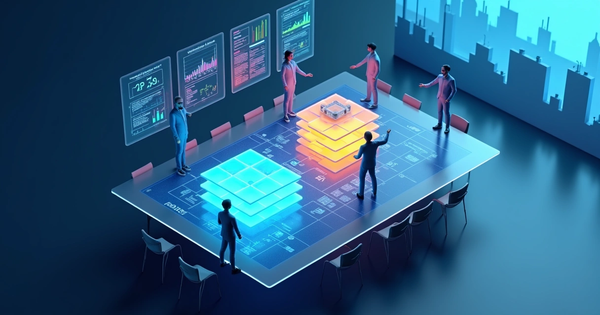 Sala de reuniões 3D com cubos de dados destacando escolha de consultoria de ciência de dados 