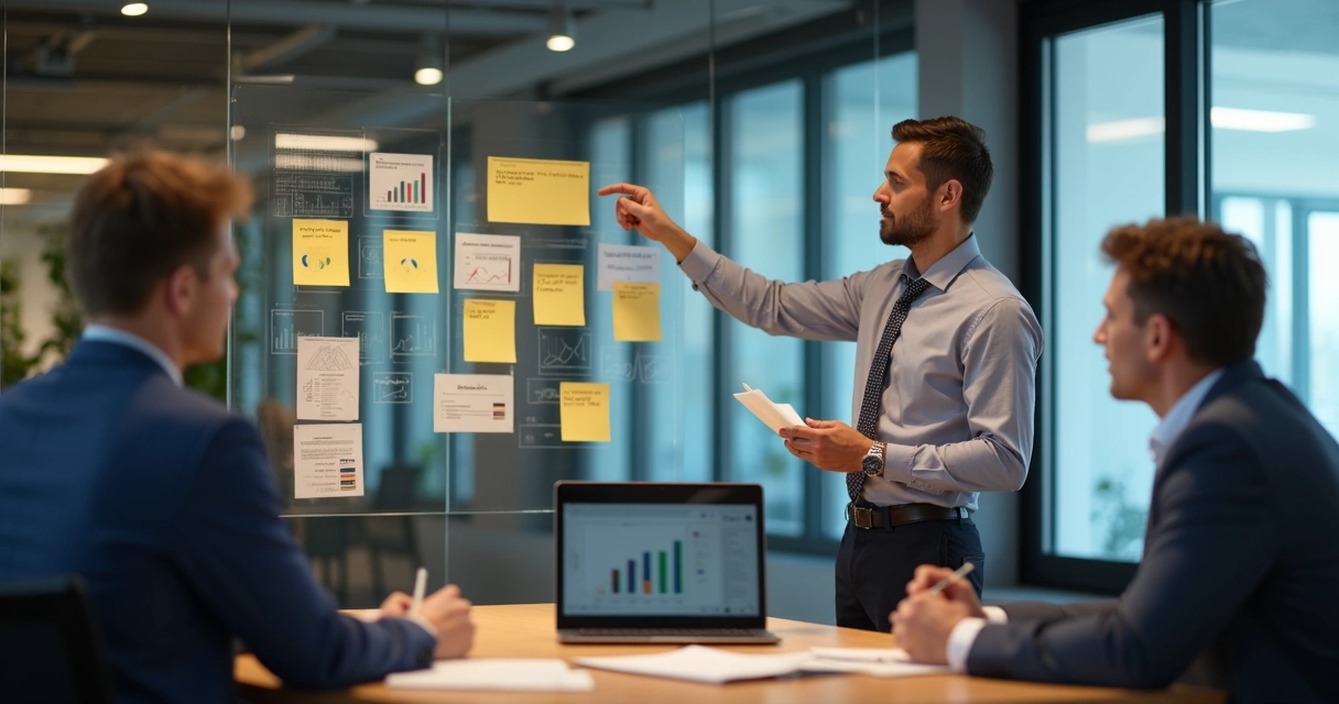 Consultor explicando estratégia de vendas para profissional de finanças 