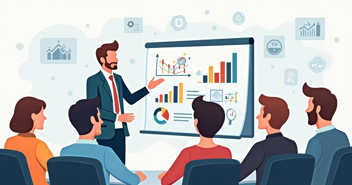 Consultor contábil falando para grupo de clientes de diferentes nichos 