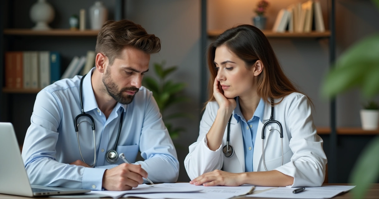 Gestor de clínica reunido com contador analisando documentos fiscais 