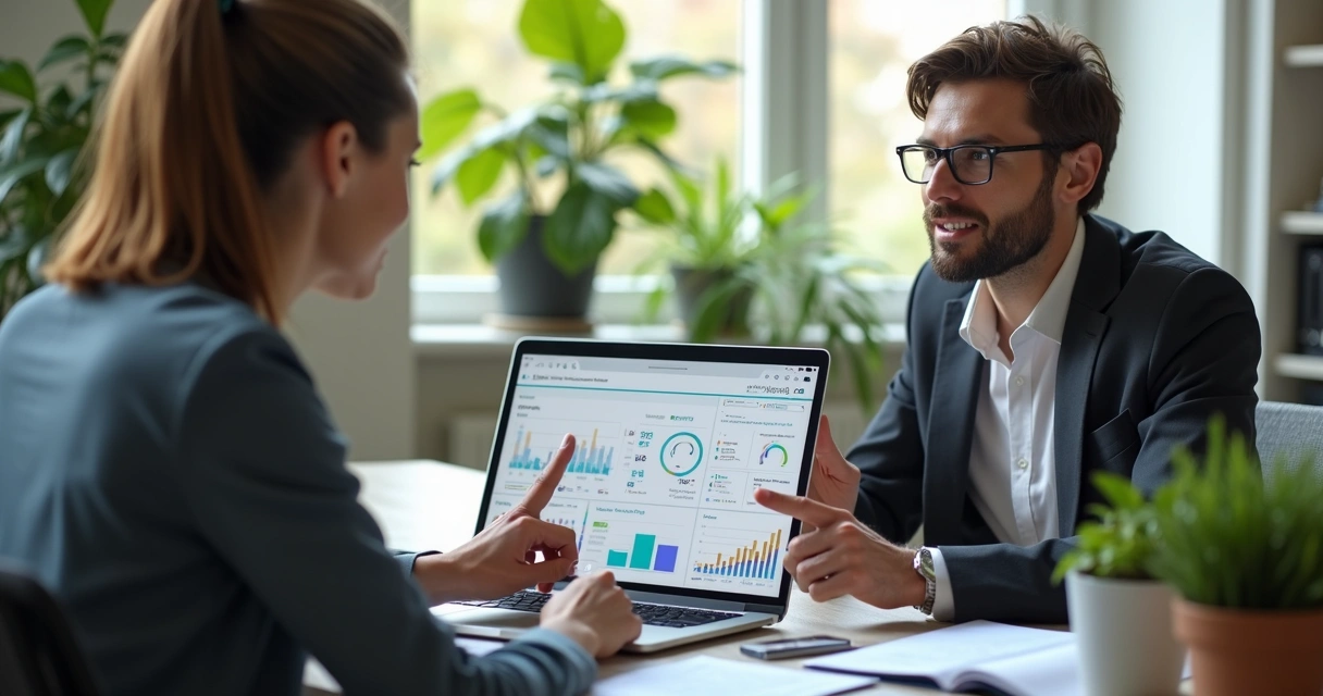 Consultor contábil mostra dashboard financeiro a empresário 