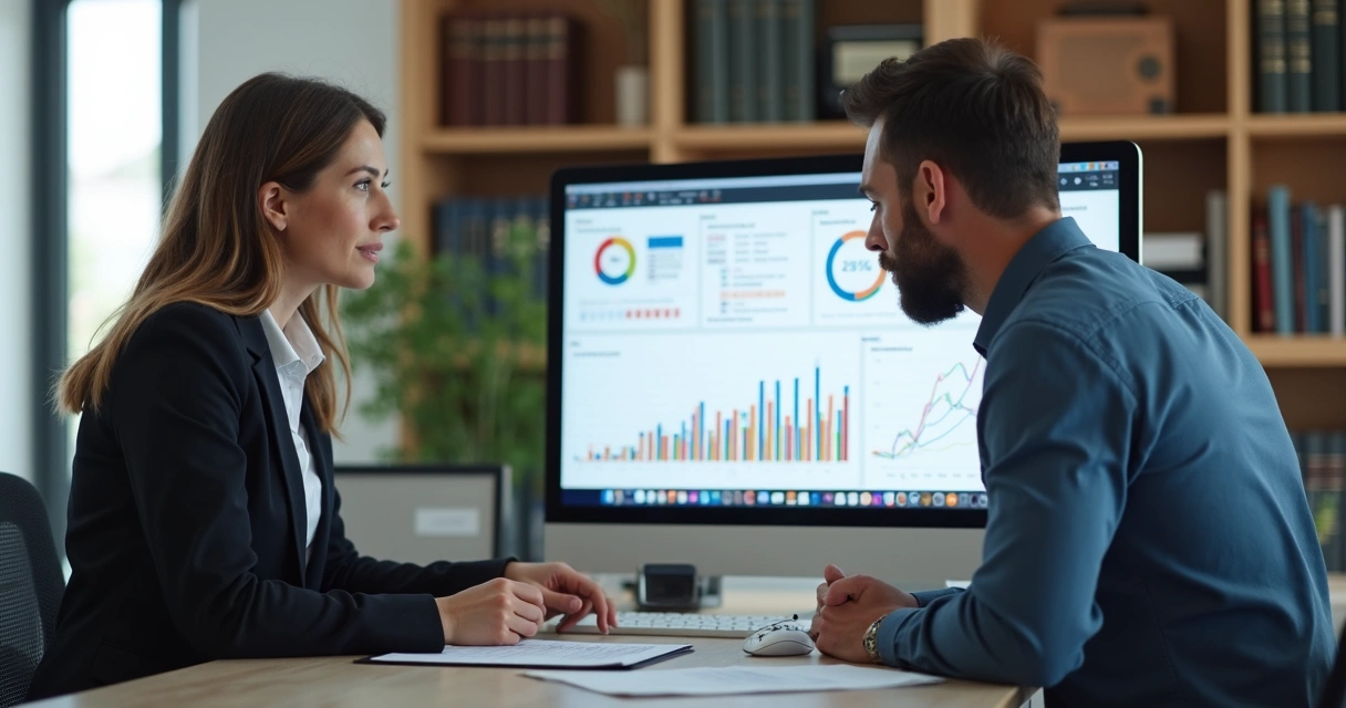 Empresário e contador discutindo dados em tela de computador