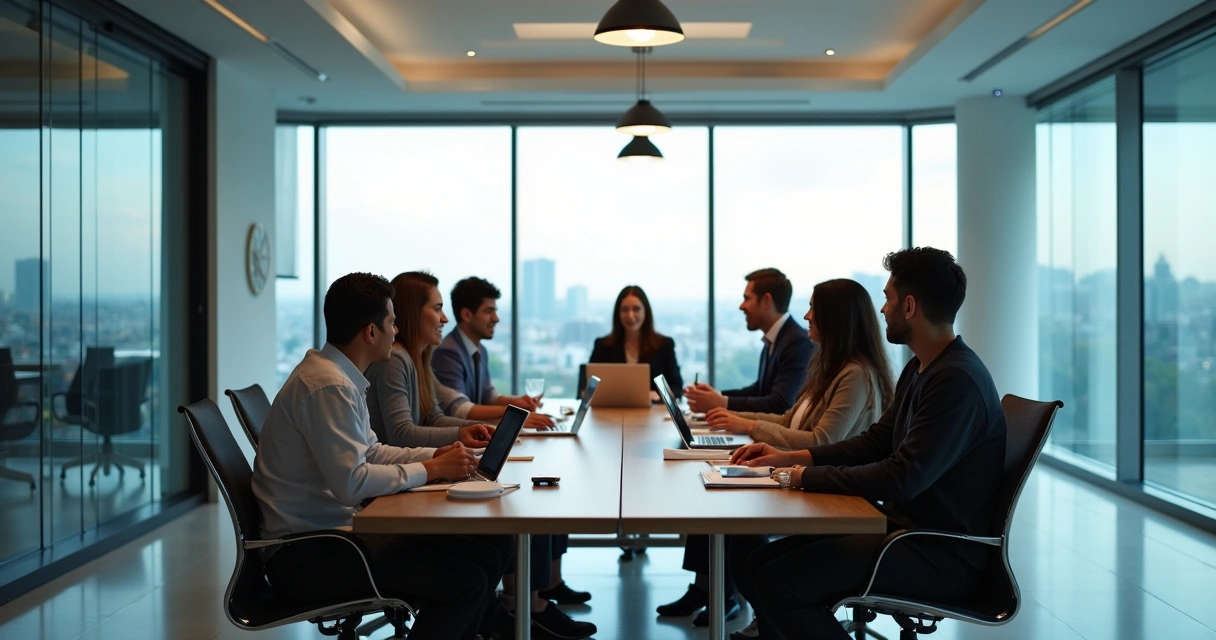 Profissionais de contabilidade reunidos em uma mesa de reunião analisando documentos digitais no escritório 