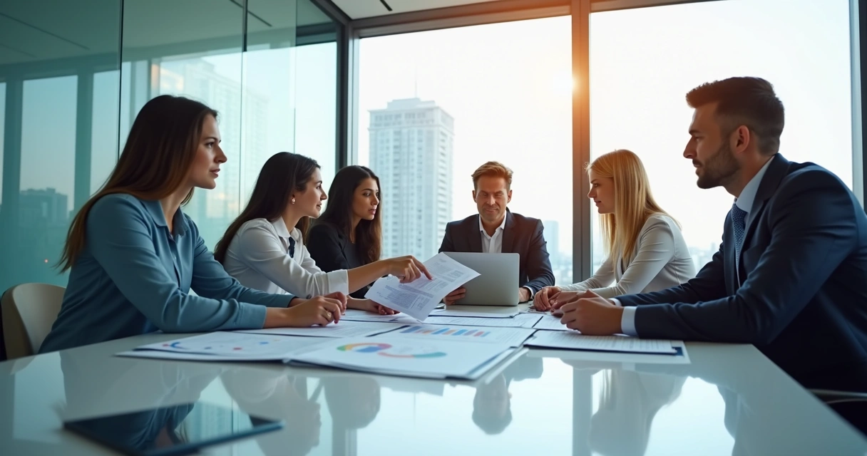 Grupo em reunião analisando relatórios contábeis em sala de reunião 