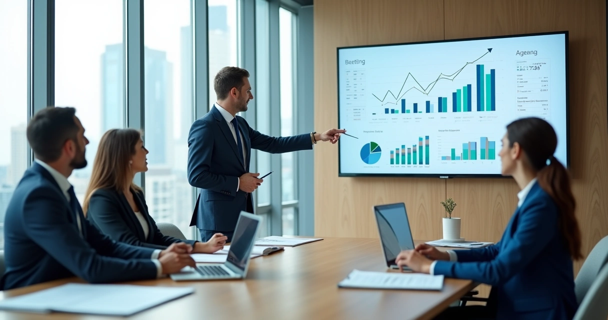 Consultor contábil apresentando análise financeira para equipe empresarial em escritório moderno 