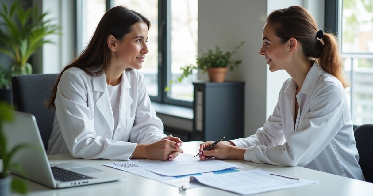 Contadora atende profissional de estética com documentos e notebook em mesa clara 