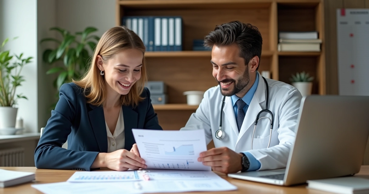 Contador orientando médico jovem em escritório, com papéis e laptop na mesa 