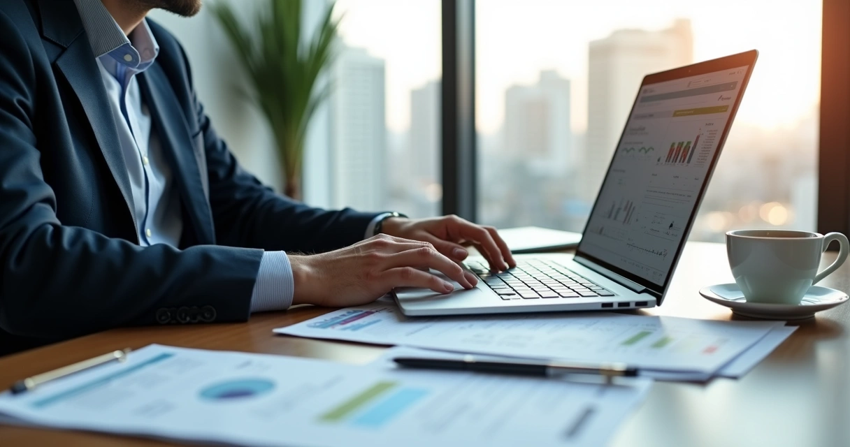 Profissional consultor contábil analisando dados financeiros em laptop com documentos fiscais ao redor 