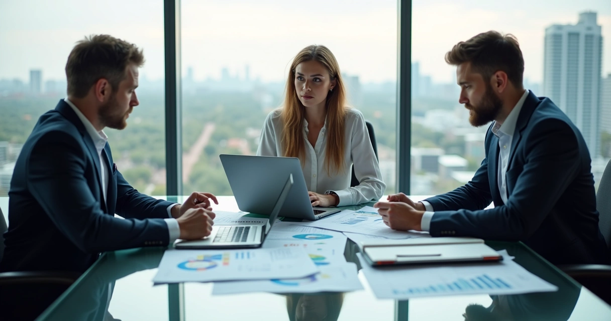 Reunião de sócios com consultor contábil analisando documentos 