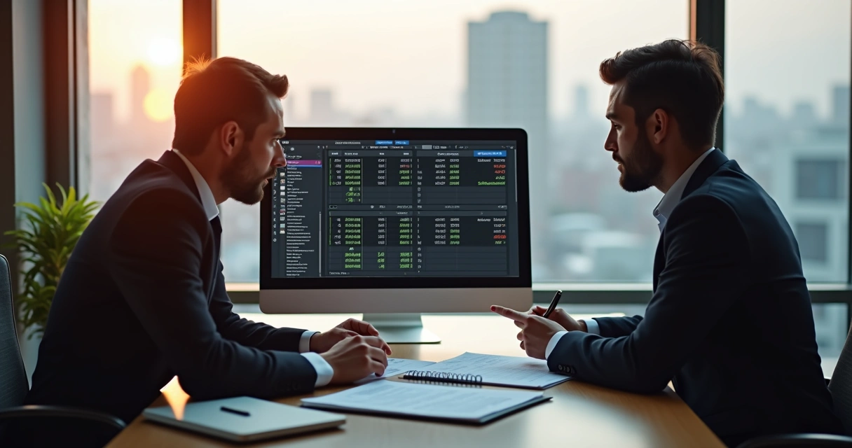 Consultor contábil auxiliando cliente empresarial em mesa de escritório 