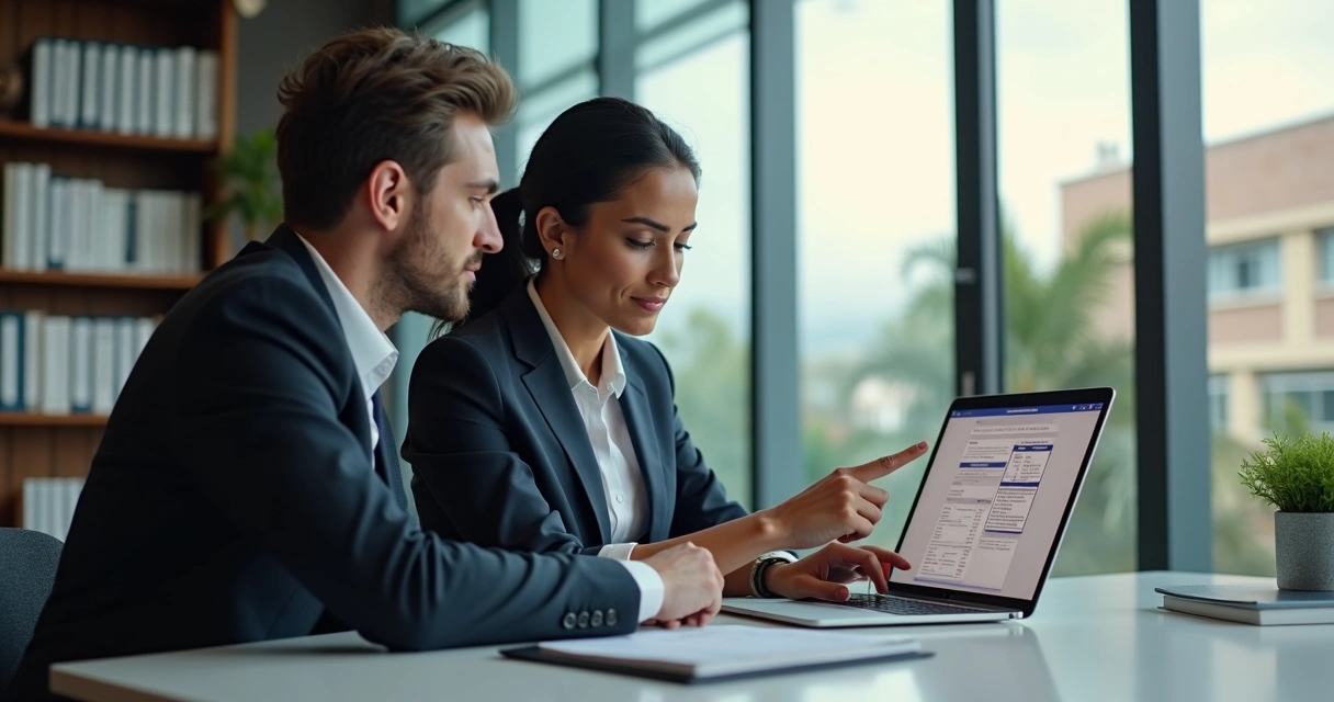 Como declarar bens nos EUA no Imposto de Renda em 2026 2 Consultor contábil analisando documentos digitais com cliente brasileiro em escritório moderno