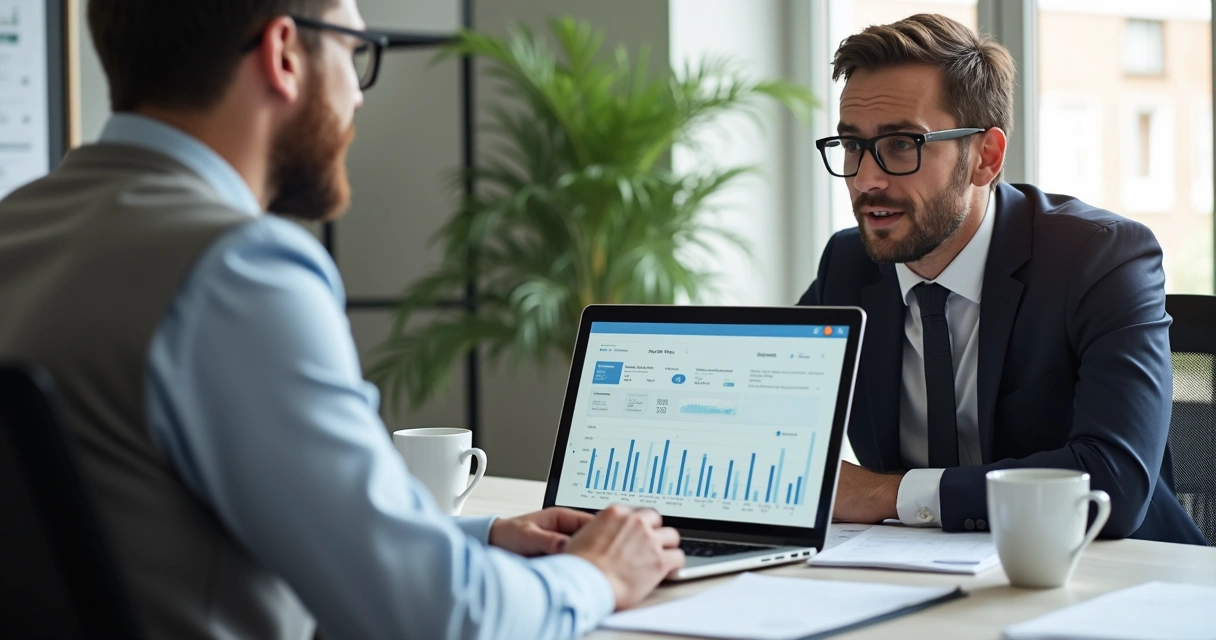 Consultor contábil conversando com empreendedor em notebook 