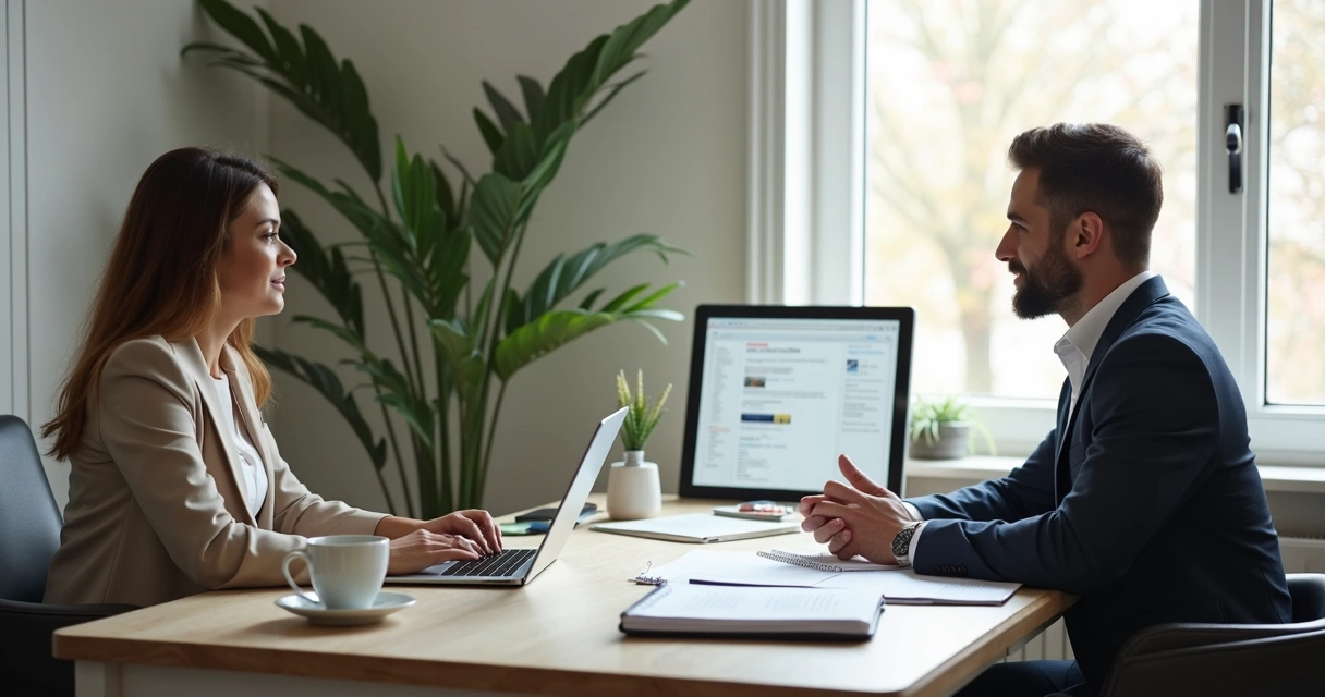 Consultora orientando cliente sobre textos publicitários