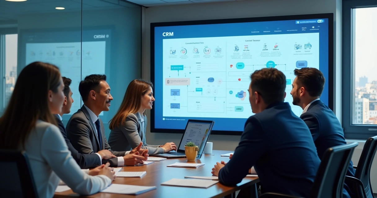 Consultoria de CRM com equipe analisando fluxos em tela grande 