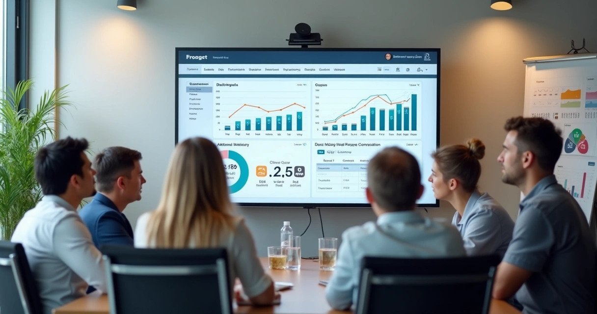 Equipe consultoria marketing analisando dashboards na tela 