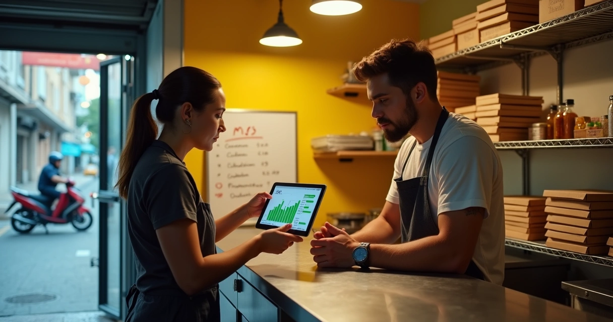 Pequeno dono de delivery recebendo orientação de consultor em loja simples 