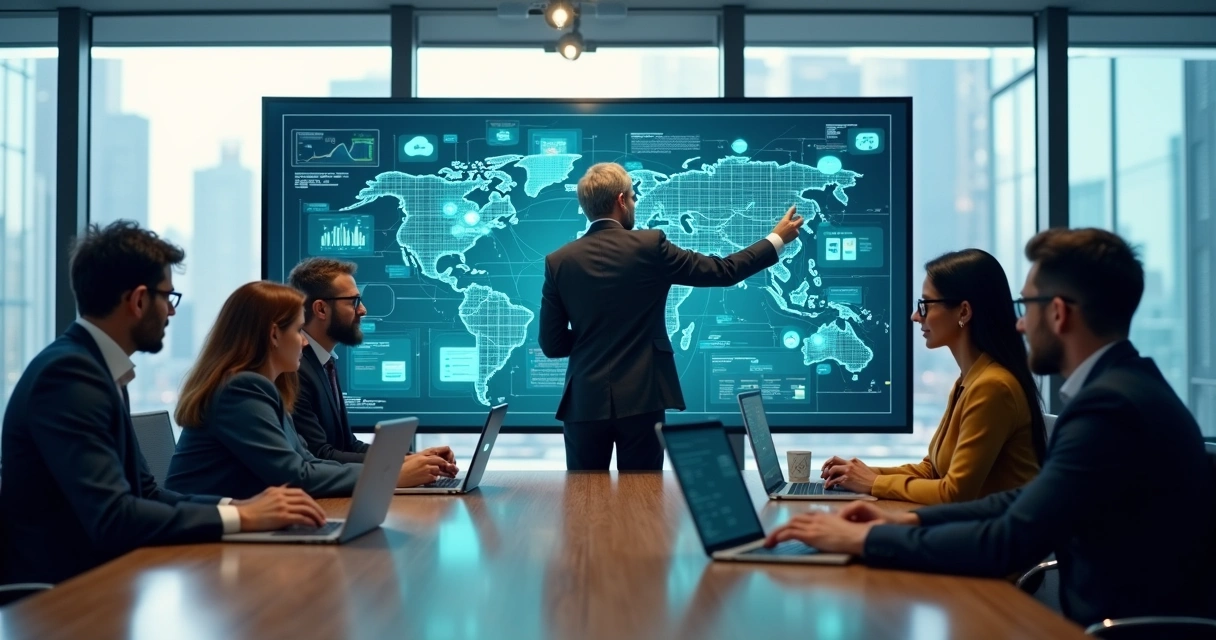 Equipe de consultoria em desenvolvimento de software analisando dados em painel digital em uma sala de reunião moderna 