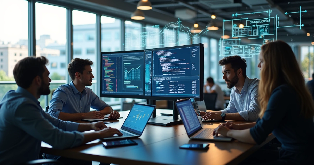 Equipe de profissionais de tecnologia trabalhando junta em desenvolvimento de software com telas de código e gráficos analíticos ao fundo 