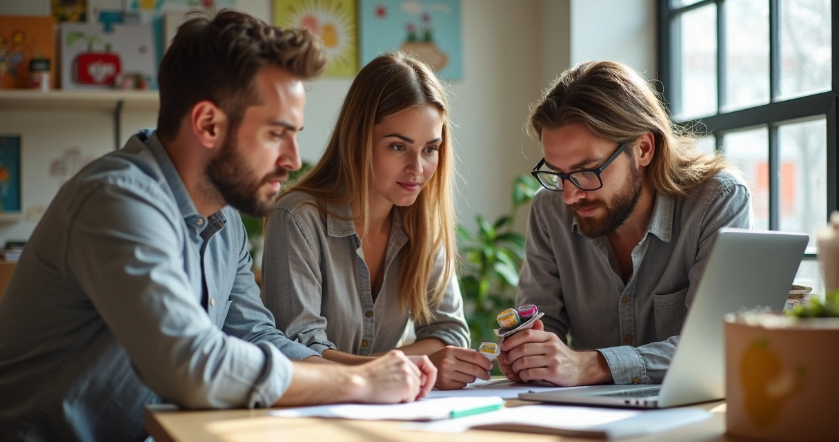 Equipe de design em reunião revisando projetos de embalagem personalizada. 