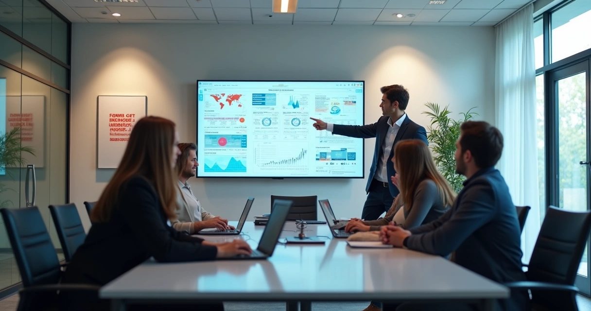 Consultor aponta dados em tela para equipe em sala de reunião 